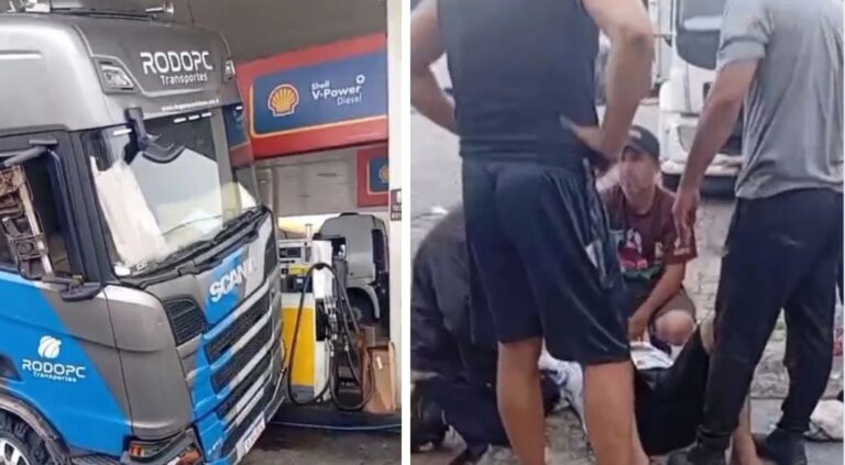 Caminhão invade posto de combustível na marginal da BR-101 em Itajaí após motorista supostamente sofrer AVC