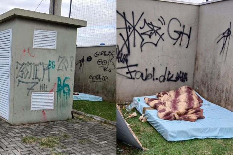 Muro pichado e morador de rua com colchão em frente a escola municipal preocupam pais em Navegantes