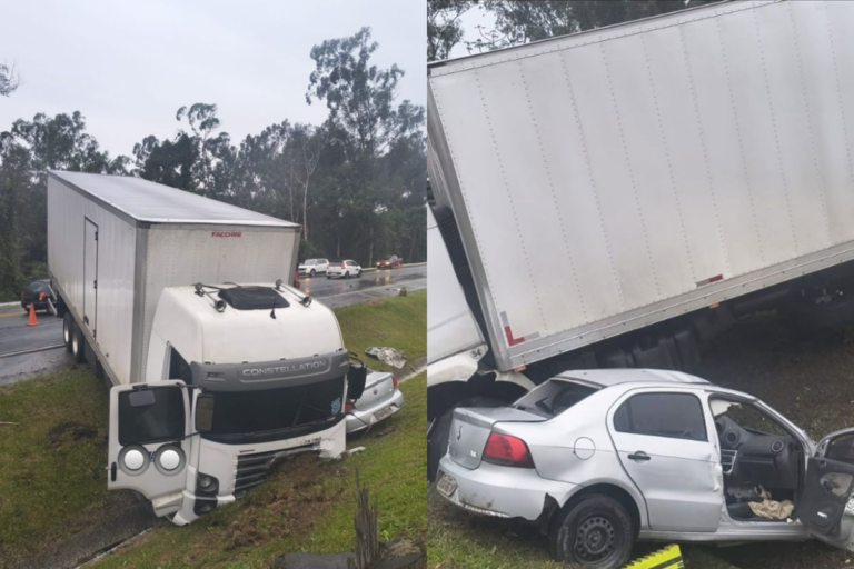 Batida violenta entre caminhão e dois carros deixa morto na BR-470