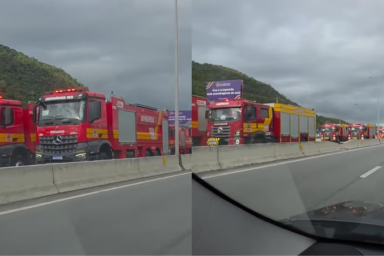 Fila de novos caminhões dos bombeiros chama atenção e viraliza em Santa Catarina