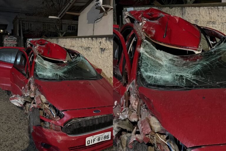 Motorista escapa da morte após bater em caminhão estacionado na marginal da BR-470 em Navegantes