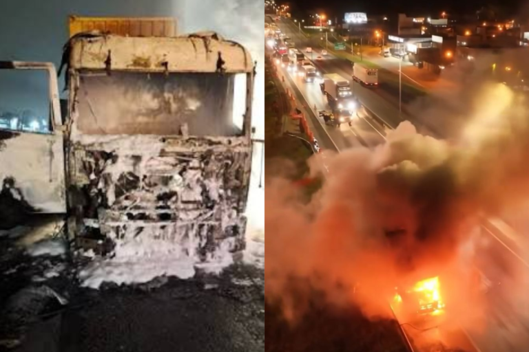 Fogo toma conta de carreta na BR-101 e motorista vive momentos de desespero