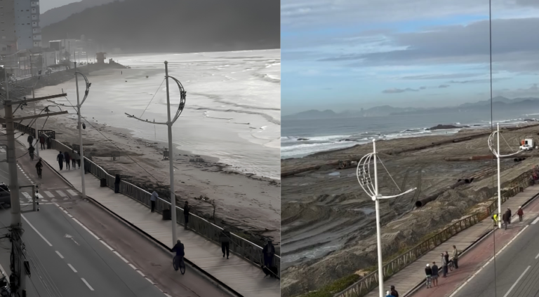 Olha essa transformação: um lado mostra como a praia era e o outro como está ficando