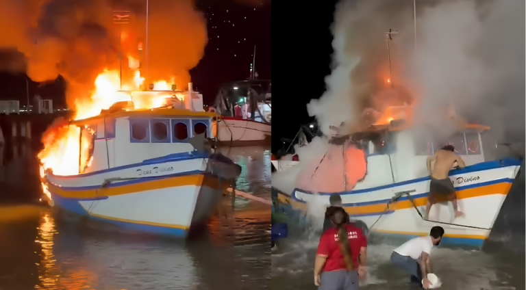 Moradores e pescadores ajudaram a combater incêndio em barco na praia de Penha