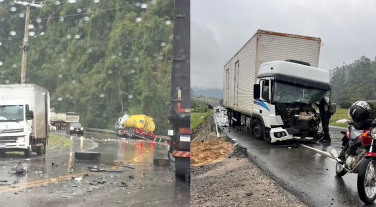Grave acidente entre quatro caminhões deixa motorista preso às ferragens na SC-350