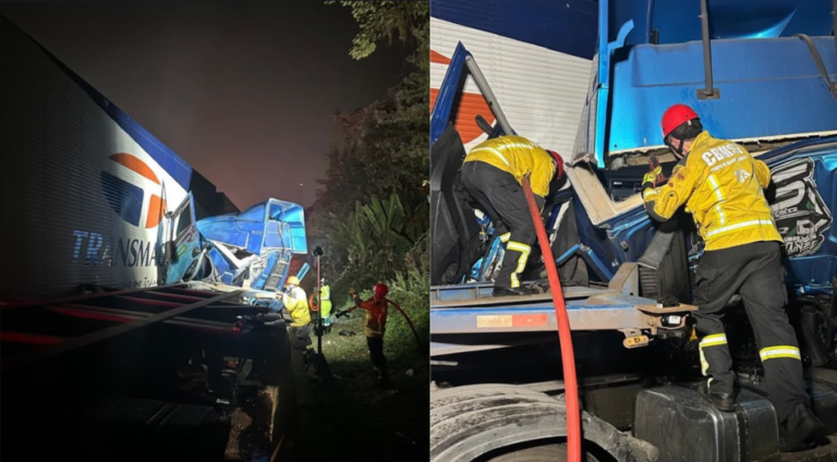 Motorista fica preso às ferragens após grave colisão entre caminhões na BR-101, em Garuva