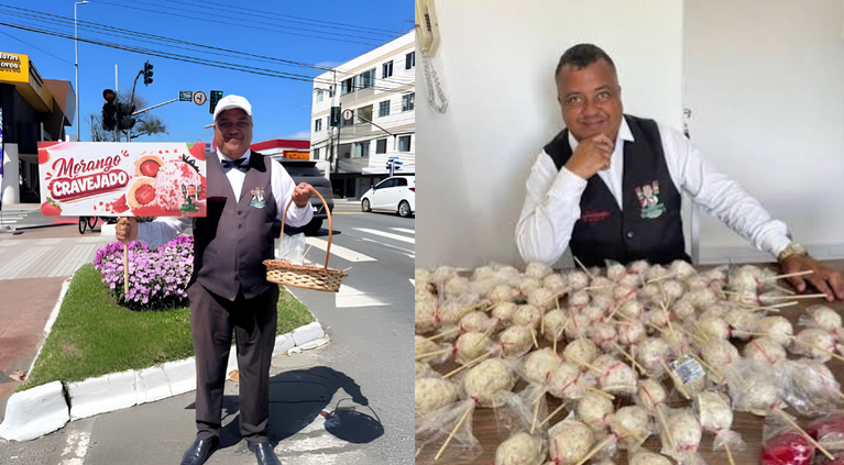 Garçom de Itajaí vende 300 morangos cravejados em semáforos em um dia e fatura R$ 4,5 mil