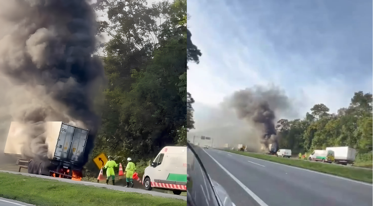 Carreta pega fogo na BR-101 após motorista ser alertado por outros condutores