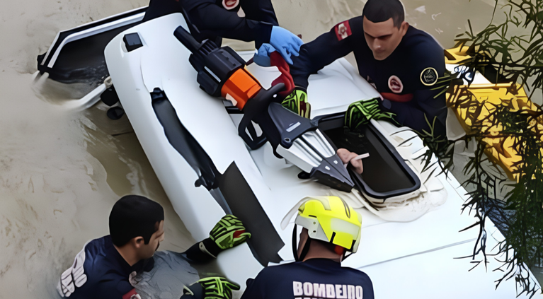 Motorista de 66 anos fica preso em caminhão quase submerso e respira por tubo até ser resgatado